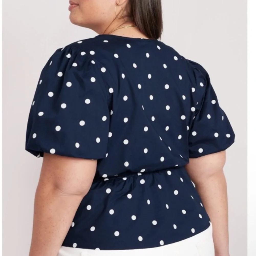 Old Navy Navy White Dots Waist Defined Puff Short Sleeve Tie-Wrap Blouse